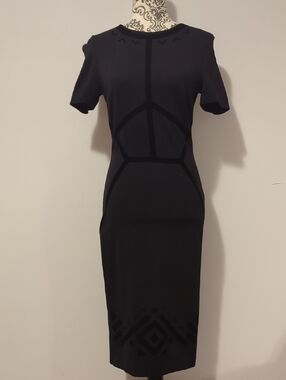 ICŌNE Black Short-Sleeve Midi Dress with Geometric Trim